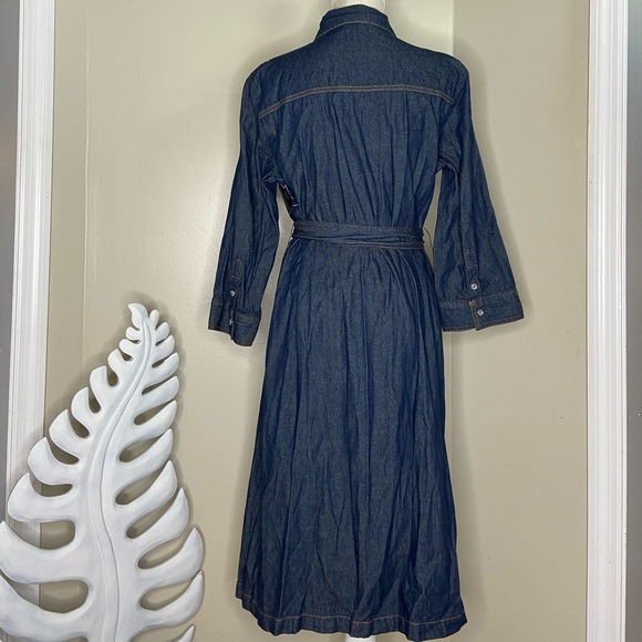 Indigo Blue Tuxedo Snap Front Denim Jean Belted Dress Size 16 - Picture 4 of 5